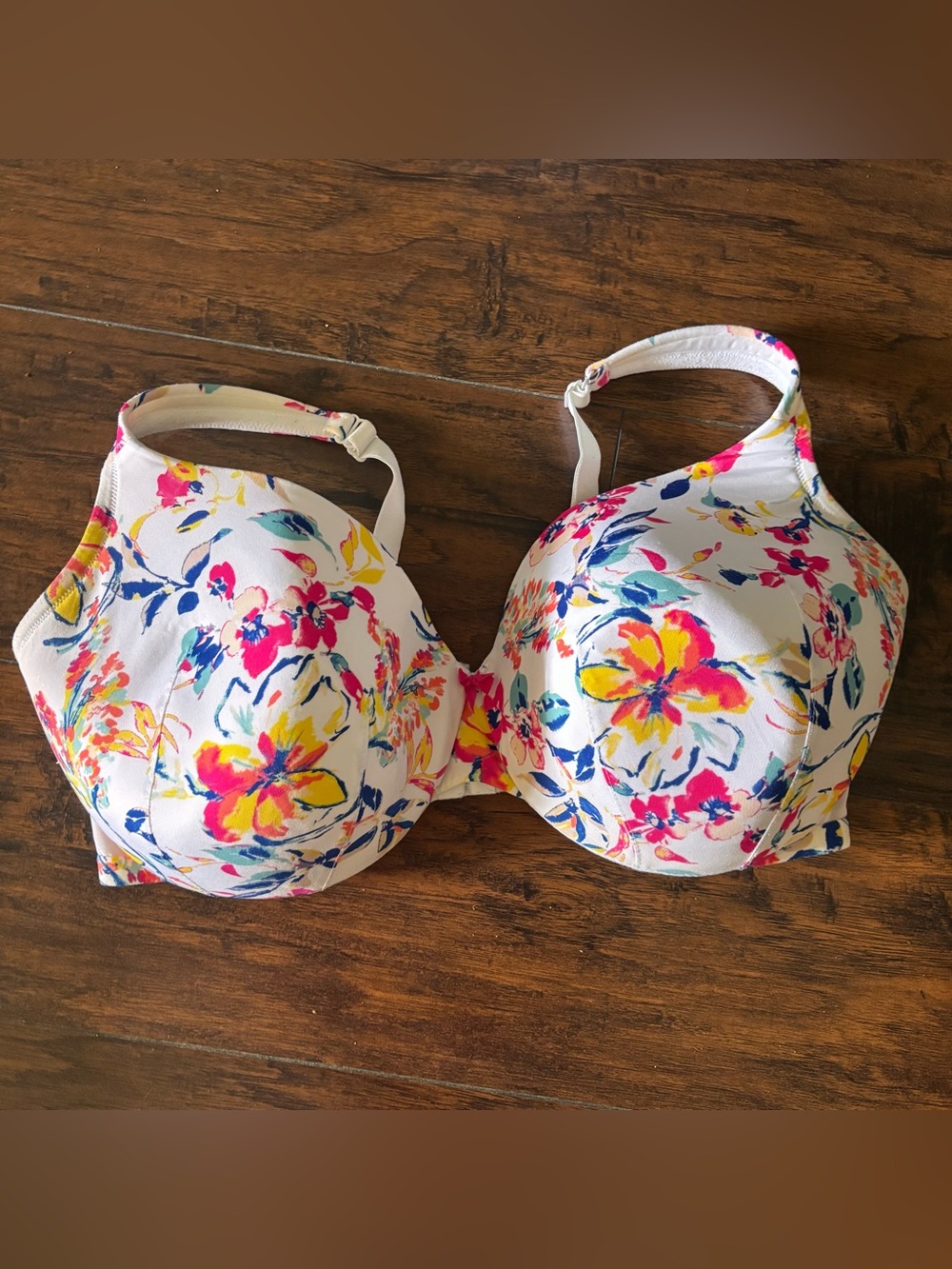 Cacique Cream Bra with Pink, Teal & Blue Floral Accents - Picture 1 of 5